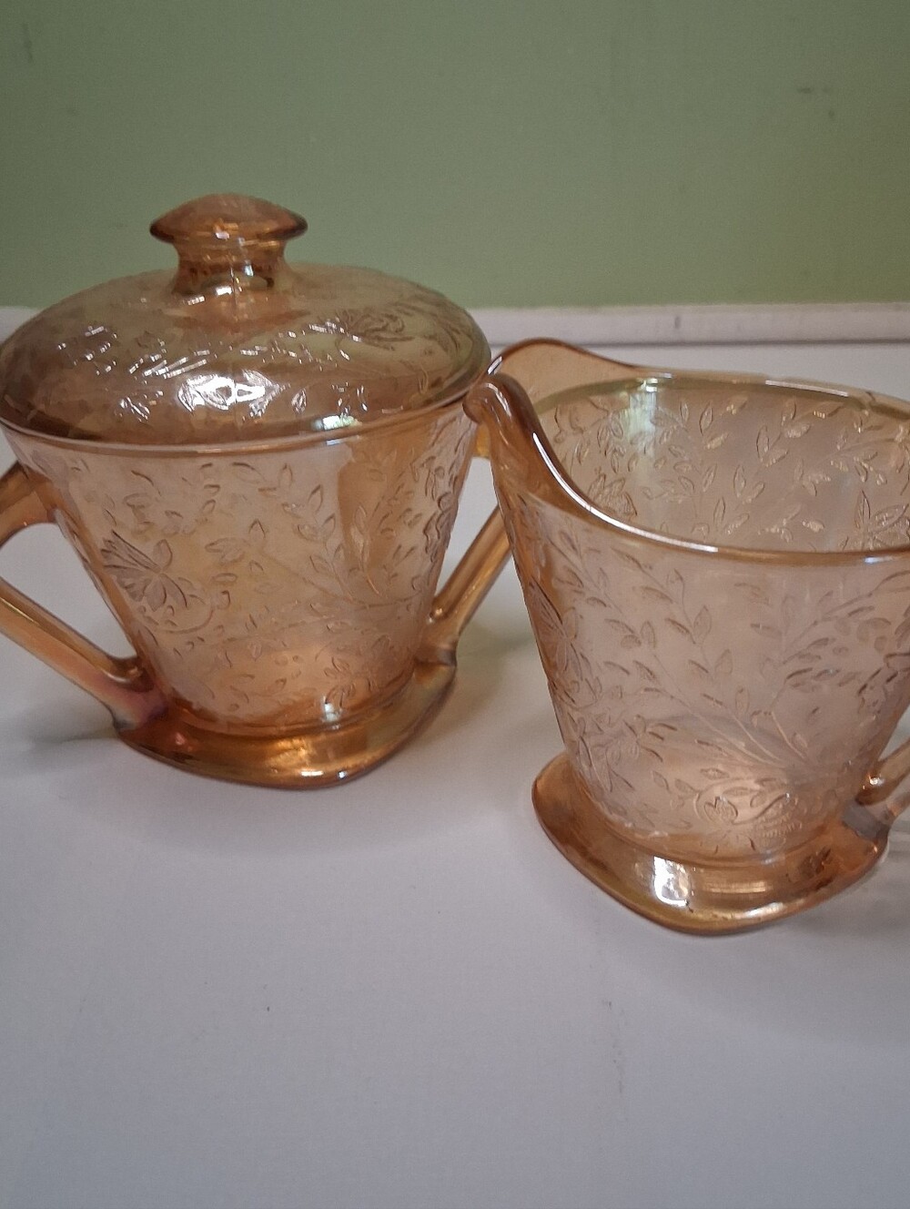Embossed Peach Glass Sugar and Creamer Set